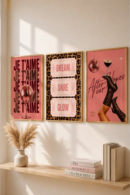 Çerçevesiz 3’lü Pembe Leopar Poster Seti | Arkası Yapışkanlı Duvar Sticker | Duvar Dekorasyon