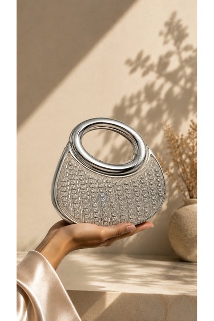 Women's Luxury Silver Crystal Rhinestone Evening Clutch Bag – Elegant Party Handbag with Oval Handle for Wedding, Bridal, Engagement & Special Occasions