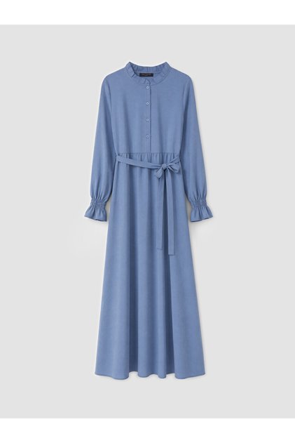 Blue Belted Waist-Slit Dress