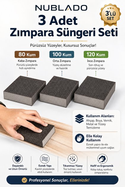 3’lü Zımpara Süngeri Seti 80-100-120 Kum Ahşap Metal Boya Vernik Yüzey Zımparalama Takozu