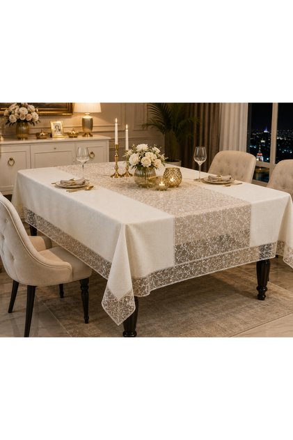 Polyester Keten Tül Detaylı Masa Örtüsü