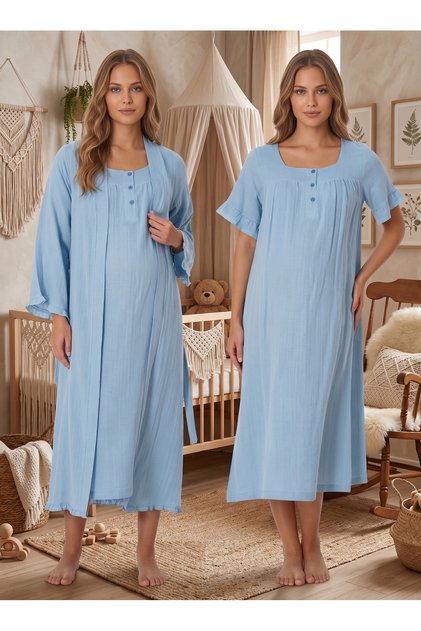 Indigo Muslin Fabric Soft Textured Cotton Maternity Dressing Gown with Nursing Features Nightgown-Dressing Gown Set of 2