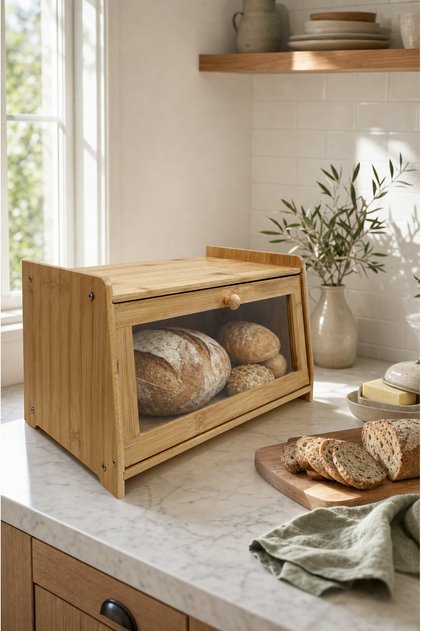Doğal Bambu Cam Kapaklı Ekmek Kutusu – Geniş Hacimli Tezgah Üstü Ekmeklik ve Ekmek Saklama Kutusu 20 cm x 35 cm