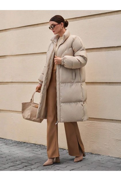 Women's Beige Stand-Up Collar Elasticated Batwing Sleeves Long Puffer Coat