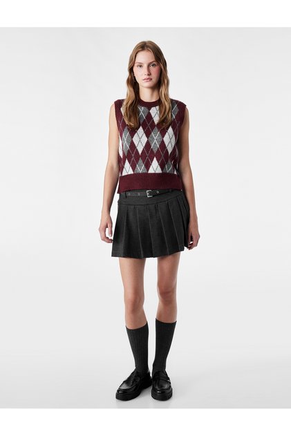 Jacquard Crew Neck Sleeveless Knitwear Argyle Patterned Sweater