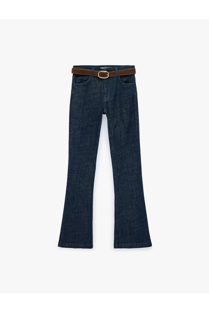 Cepli Düğmeli Kemerli Dar Kesim İspanyol Paça Denim Pantolon - Flare Jeans