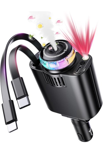 Încărcător auto retractabil, ® AROMA 5în1, Difuzor parfum, Proiecție stelară, Încărcare rapidă, Cabluri retractabile 2xUSB-C, 1 port USB-C, Compatibil iPhone, Samsung, Huawei, Negru multicolor