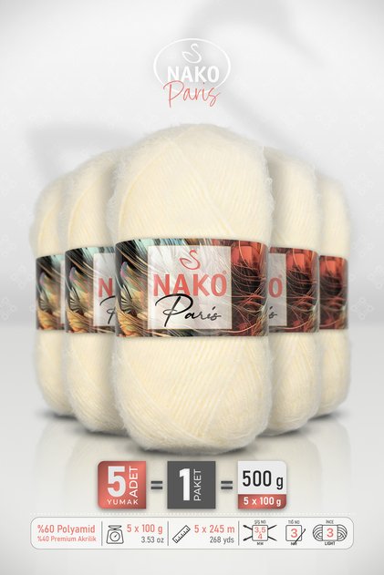 PARIS • Krem (2098) • 5'li Paket • 100 g / 245 m • Yumuşak, Tüylü Dokulu Örgü İpi • Hırka, Kazak, Şal, Atkı