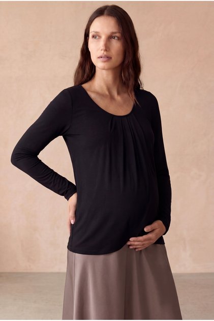 Maternity Viscose Black Long Sleeve Crew Neck Blouse with Folded Front and Breastfeeding Function Naomi