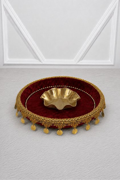 Bordo Kına Tepsisi, Kadife Kumaş Kaplamalı Gold Pul Süslemeli, Gold Kase Kına Gecesi Tepsisi, Kına Gecesi Malzemeleri