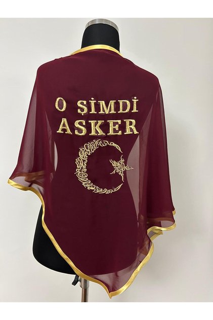 Bordo Şifon Asker Omuz Örtüsü, Gold Nakışlı, Asker Şalı Duvağı, O Şimdi Asker Yazılı Sırt Örtüsü