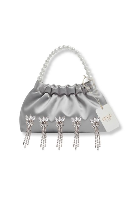 Gray Satin Crystal Glass Stone Design, Handmade Pearl Handle Bag, for Evening Dresses, Daily Use, Events, Celebrations..117