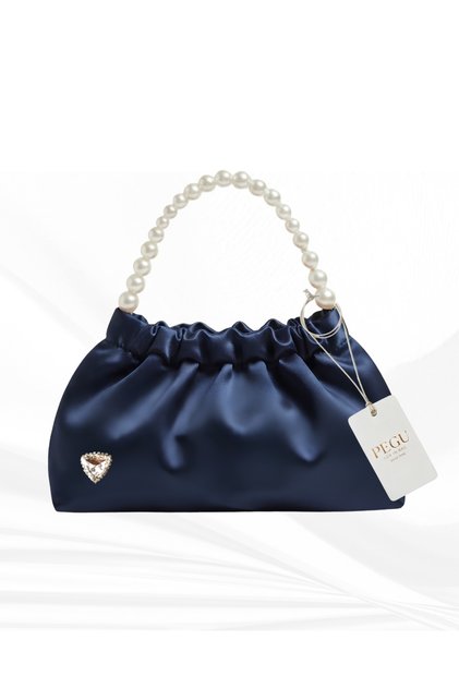 Dark Blue Satin Crystal Glass Stone Design, Handmade Pearl Handle Foldable Bag, for Evening Dresses, Daily Use, Events, Celebrations..26