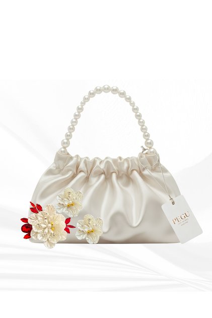 Ekru Satin Crystal Glass Stone Design Made with Pearl Handle, Foldable Bag, for Evening Dresses, Daily Use, Events, Celebrations..04