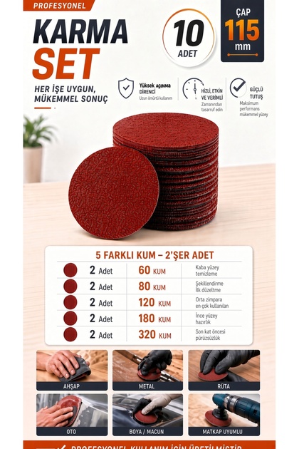 NEXTRA 10 Adet 115 mm Cırtlı Zımpara Disk Seti Karma (2x60 / 2x80