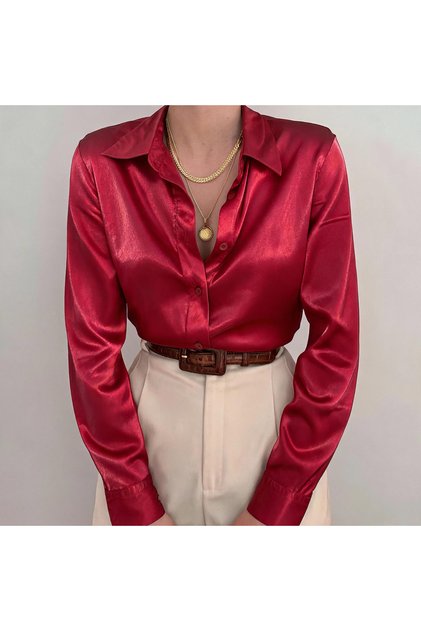 Kadın Kırmızı düz renk gömlek yaka standart kol uzun kol regular fit düğme detayı Gömlek; Şık, günlük, business casual, vintage, Sonbahar ve kış İçin