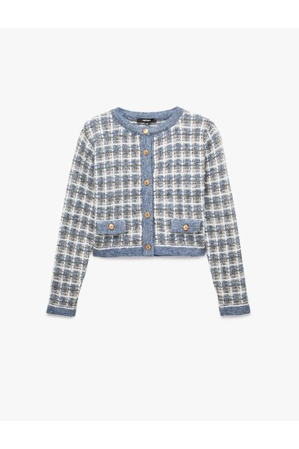 Wool Blend Pocketed Metal Button Crew Neck Long Sleeve Checkered Cardigan