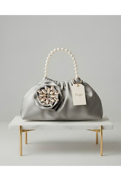Royale Series Gray Satin Pearl Handle Pull-Strap Rose Patterned Handmade Luxury Bag, Wedding, Evening Dress, Engagement, Celebration, Daily Use.