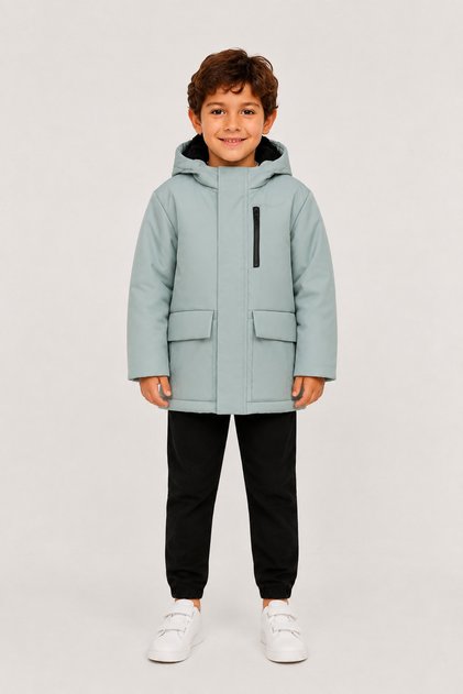 Boy's Water Green, Hooded, Fur Lined, Long Parka, Water Repellent - Windproof, Winter Coat-Parka