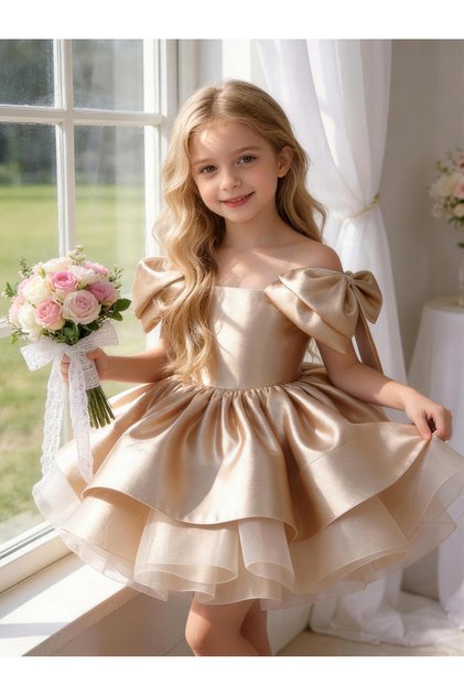 Girls Off Shoulder Bow Sleeve Dress