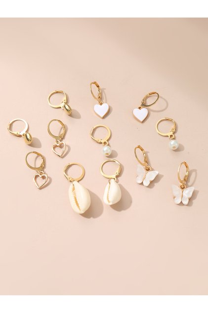 Set of 6 - Conch and Heart Hoop Earrings