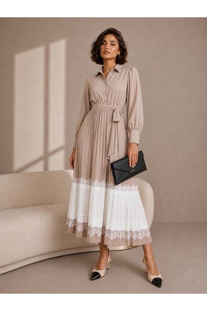 Beige Pleated Lace Details Fit and Flare Shirt Midi Dress
