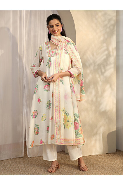 White Printed Kota A-Line Kurta, Trousers and Dupatta Set
