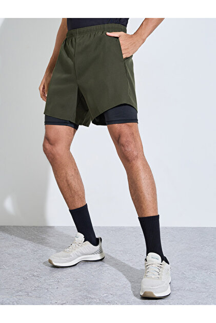 Men Olive 2in1 Running Shorts