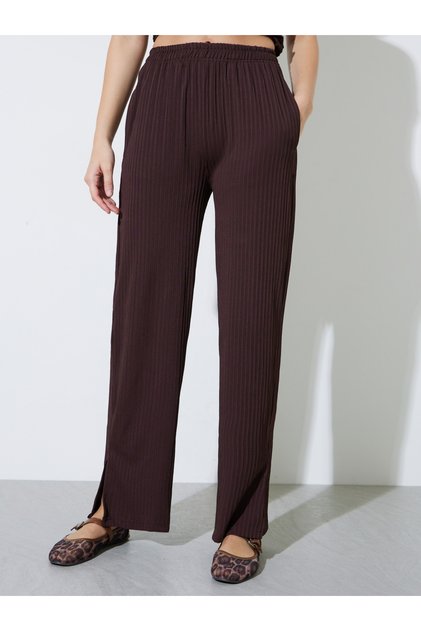 Brown Textured Knit Straight Leg Side Slit Pants