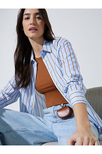 Blue Striped Long Sleeves Oversized Shirt with Tank Top