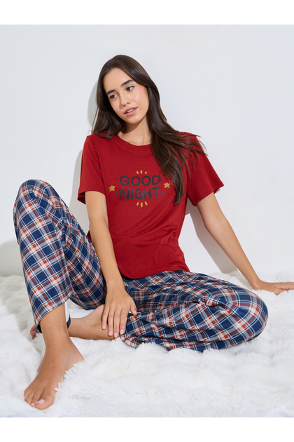 Red Slogan T-Shirt and Checked Pyjama Set