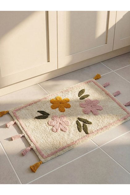 Timeless Clothing & Timeless Choices Tasseled Floral Embroidered Bath Mat 50X80 cm