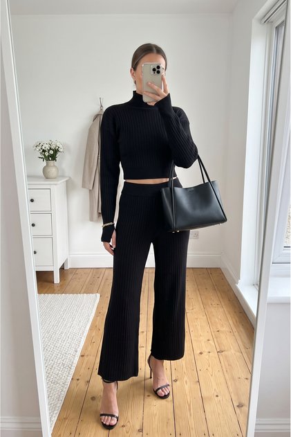 Finger-Gloved Crop-Pants Women's Knitwear Top-Bottom Set