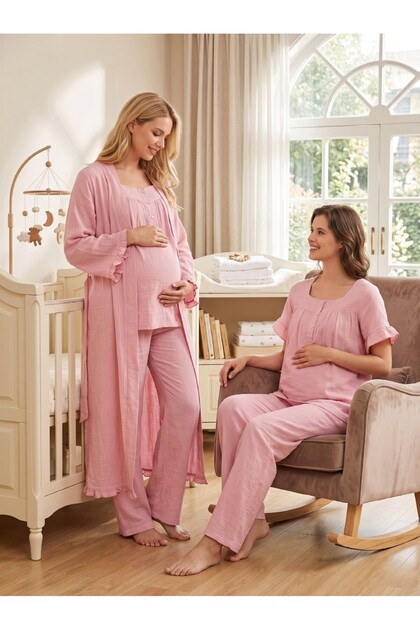 New Season Powder Muslin Fabric Special Design Short Sleeve 100% Cotton Maternity Pajama Set with Breastfeeding Features