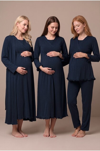 Women's Navy Blue Double-Breasted Collar Breastfeeding Detailed Long Sleeve Maternity Nightgown Pajama Set