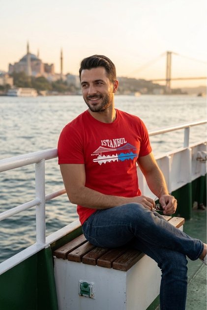 Red with White and Blue Colorful Silhouette of the Golden Horn Bridge and Istanbul Written Men's T-Shirt Cotton Combed T-Shirt