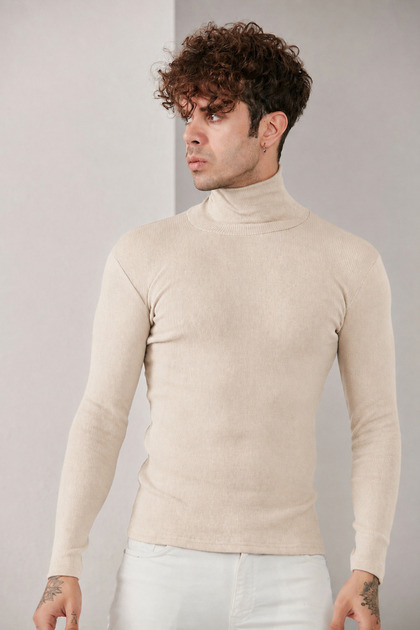 Men's Beige Turtleneck Knitwear Lycra Sweater