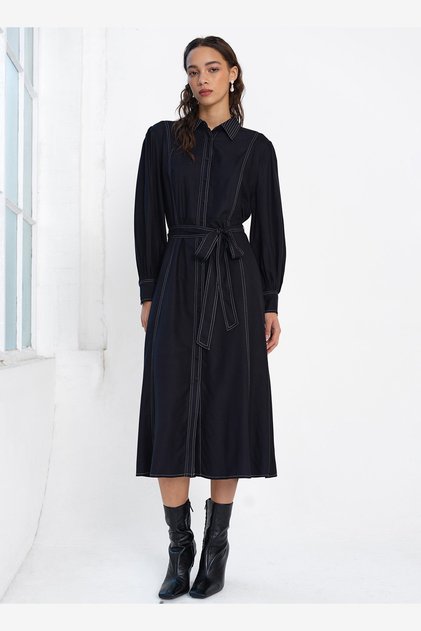 Women's Black/Porcelain Crea Rochelle Viscose Midi Shirt Dress
