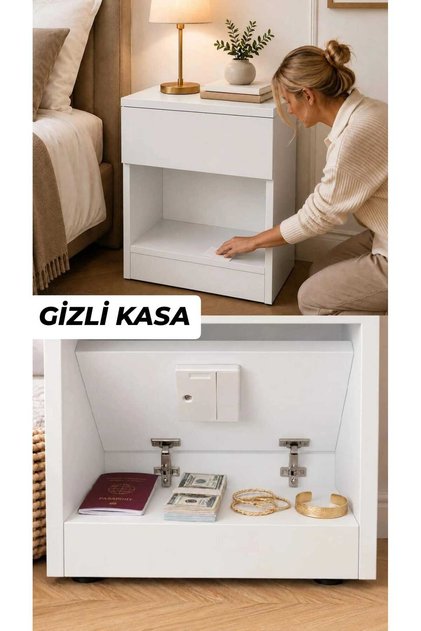 Modern Kasa Komodin- Gizli Bölmeli Akıllı Komodin - Gizli Bölmeli Çok Amaçlı Komodin - Komodin Akıllı Yatak Yanı Sehpası - Salon Sehpası - Kartlı Kasa Komodin- Şifonyer - Gizli Kasa
