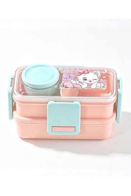 Kitty Lunch Box, Two Compartments, Leakproof Design, Includes Stainless Steel Jar, Polypropylene & Stainless Steel Material, 18 Months+ - Peach & Blue