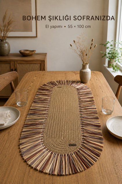 Home Raffia Püsküllü Bohem Runner Masa Örtüsü 55x100 cm