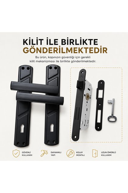 Lüx Lama Aynalı Kapı Kolu ( Oda ) Mat Siyah ve40MM Siyah Sessiz Kilit