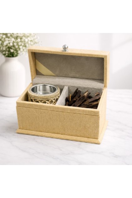 Small luxurious beige leather incense burner box decorated with handmade wicker
