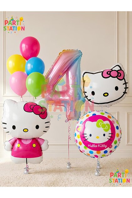 Hello Kitty Themed 4 Year Old Balloon Set - 9 Piece Hello Kitty Birthday Set