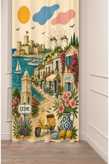 Aegean Breeze Fountain Alaçatı Concept Stone Houses and Windmill & Aegean Streets Motif Aesthetic Digital Printed Background Curtain