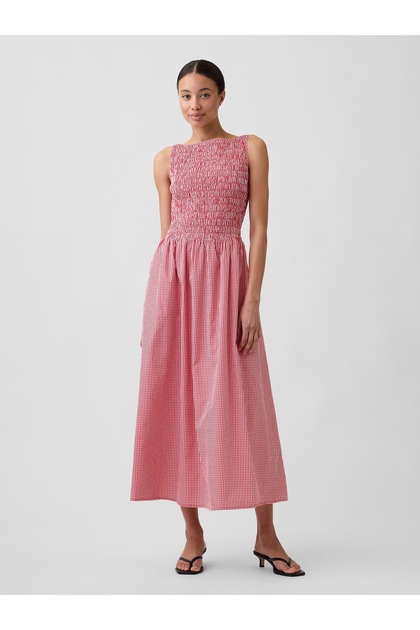 Kadın Kırmızı Smocked Boatneck Maxi Elbise