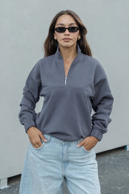 Women's Anthracite Half-Zipper High Collar Oversize Sweatshirt Elastic Comfortable Fit