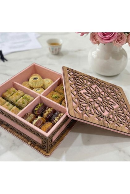 Luxury sweets or gift box made of recycled wood and fine leather, decorated with Arabic engraving