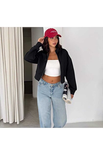 Kadın Dik Yaka Fermuarlı Crop Kısa Scuba Dalgıç Kumaş Bomber Ceket