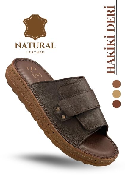 Genuine Leather Men's Slippers - Genuine Leather Men's Slippers with Soft Thick Soles Yc Brown
